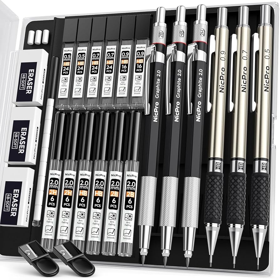 Nicpro 6PCS Art Mechanical Pencil Set 3PCS Metal Drafting Pencil 0 5 Mm U0026 0 7 Mm U0026 0 9 Mm U0026 3PCS 2mm Graphite Lead Holder 2B HB 2H For Writing 