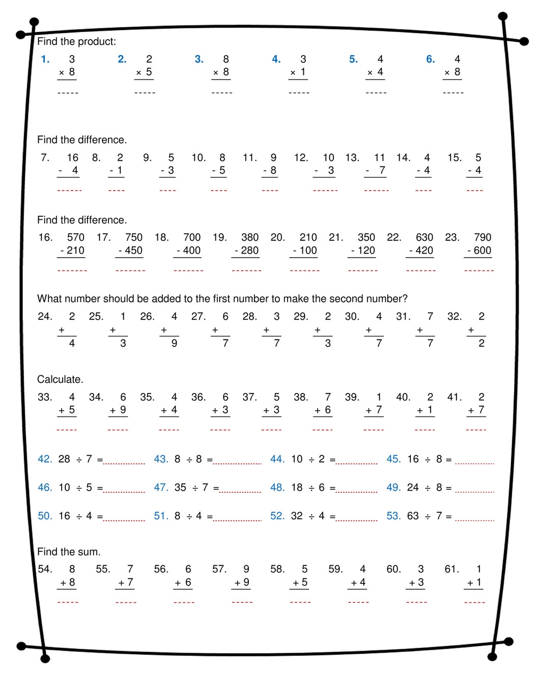 multiplication addition subtraction and division worksheets