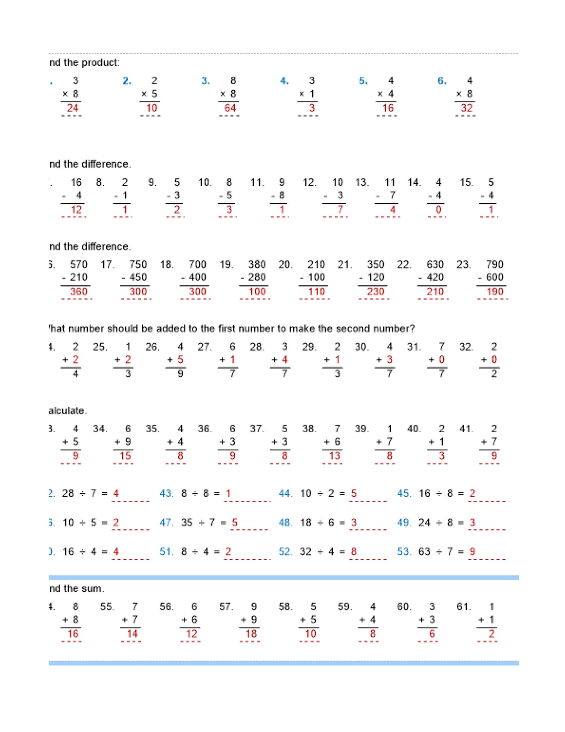 addition subtraction multiplication division worksheets