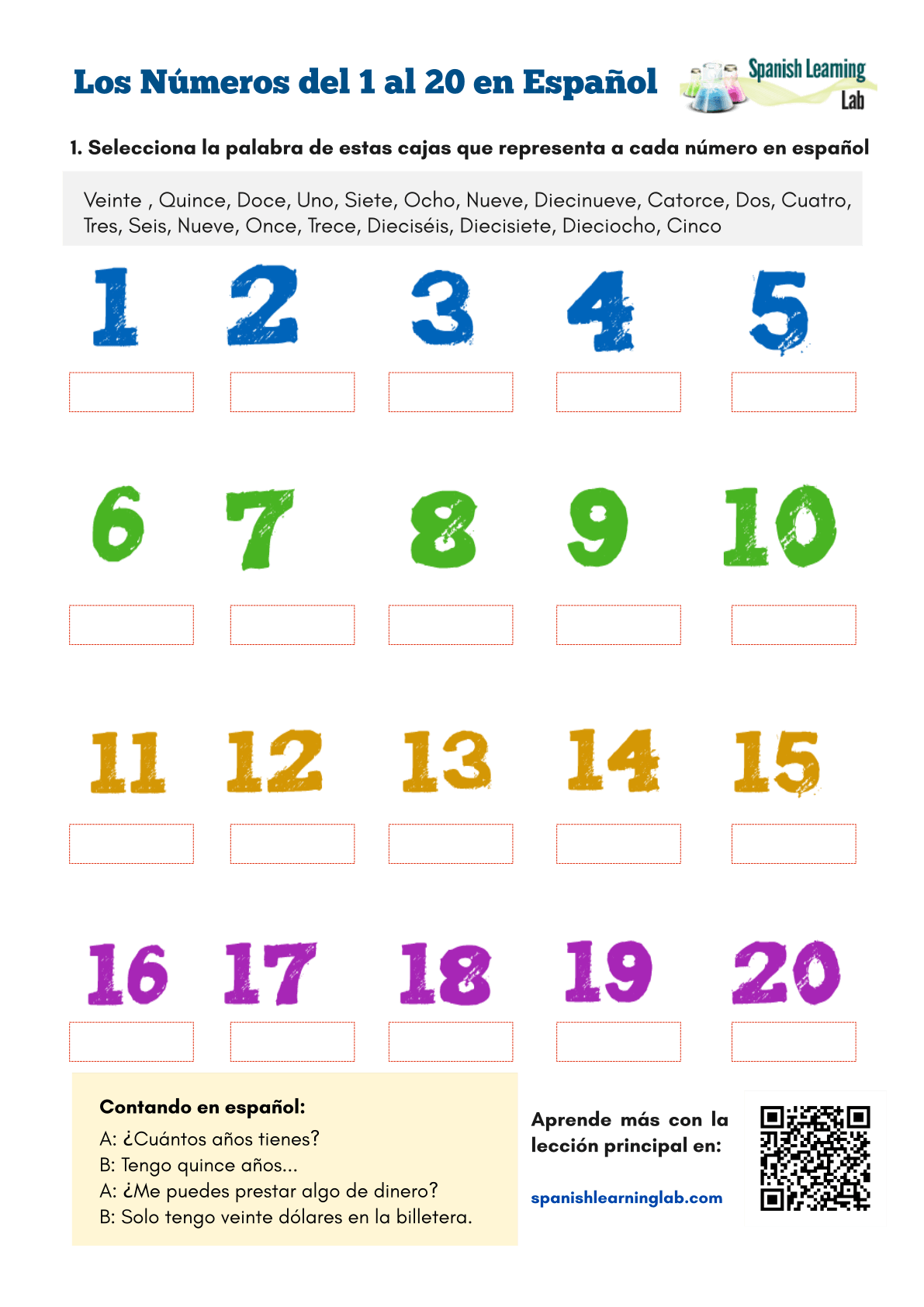 spanish number sheet