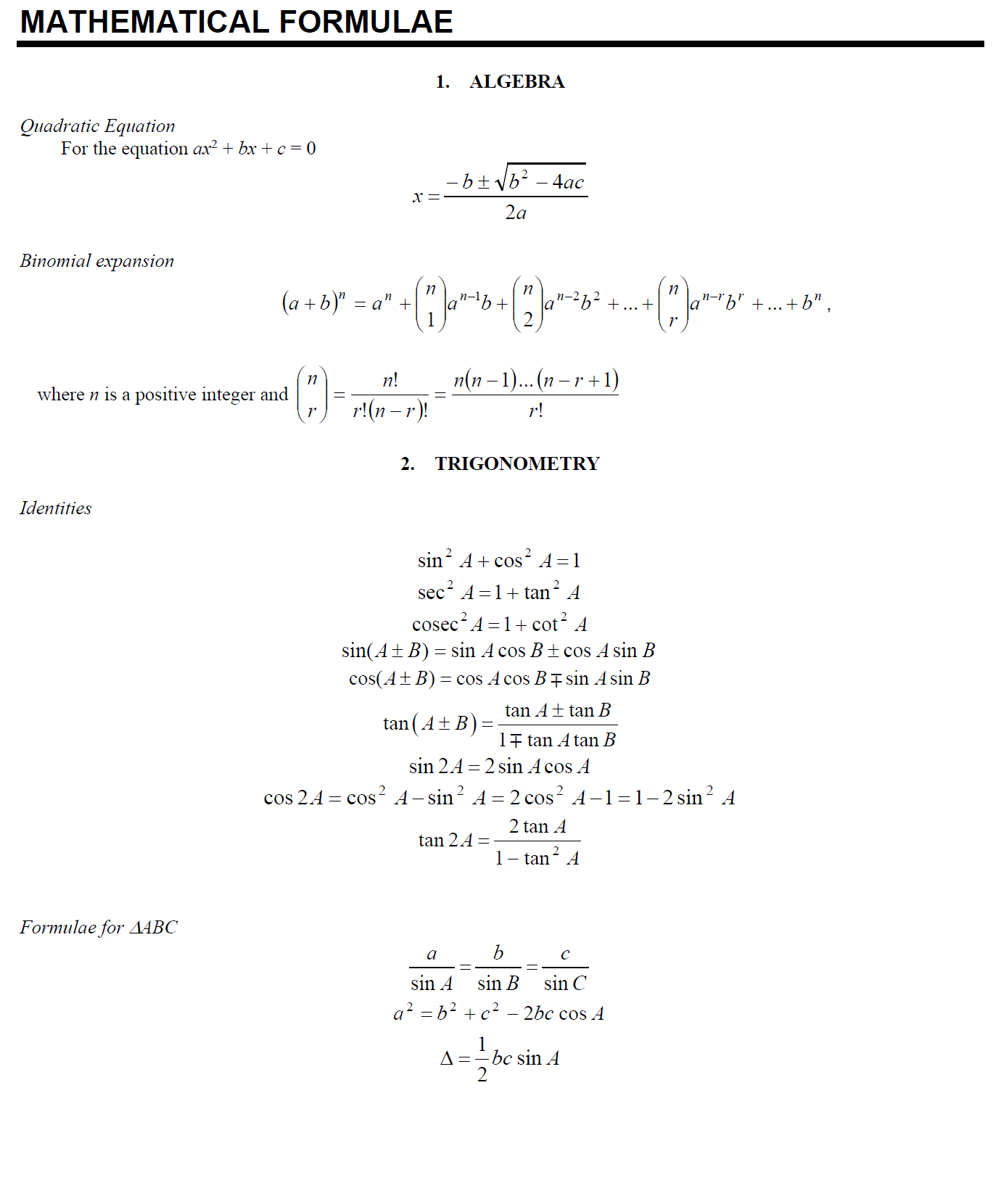 math formulas sheet