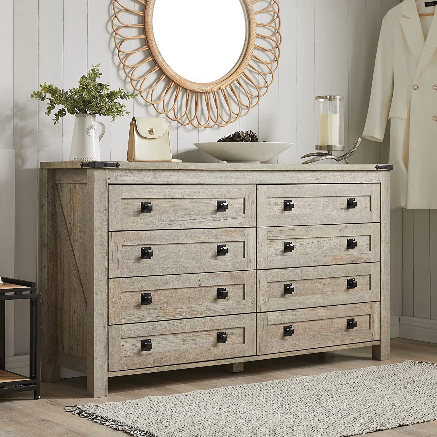 OKD 8 Drawers Dresser Chests For Bedroom Farmhouse Wood Rustic Tall Chest Of Drawers Light Rustic Oak