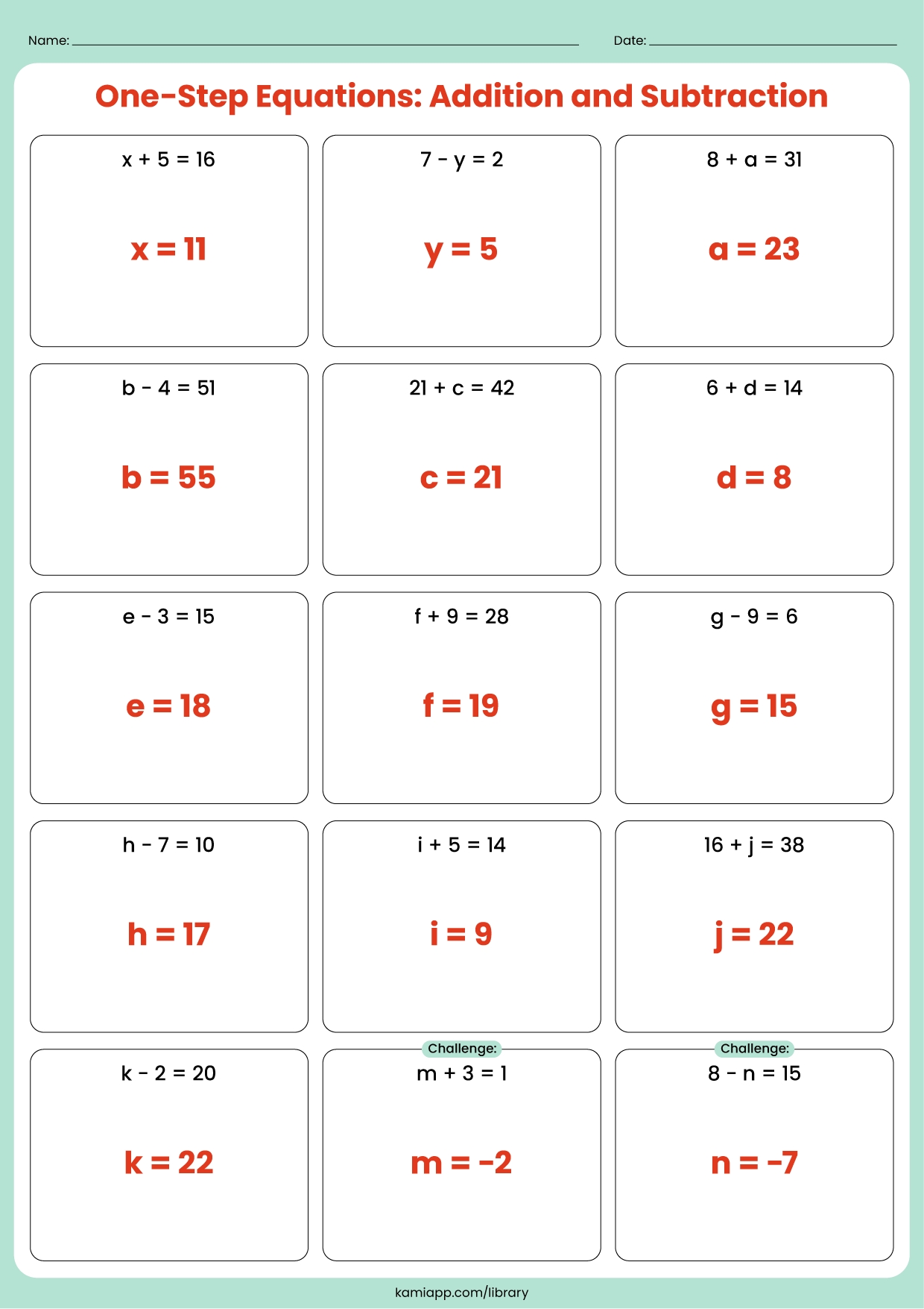 One Step Equation Addition And Subtraction Answer Key For 