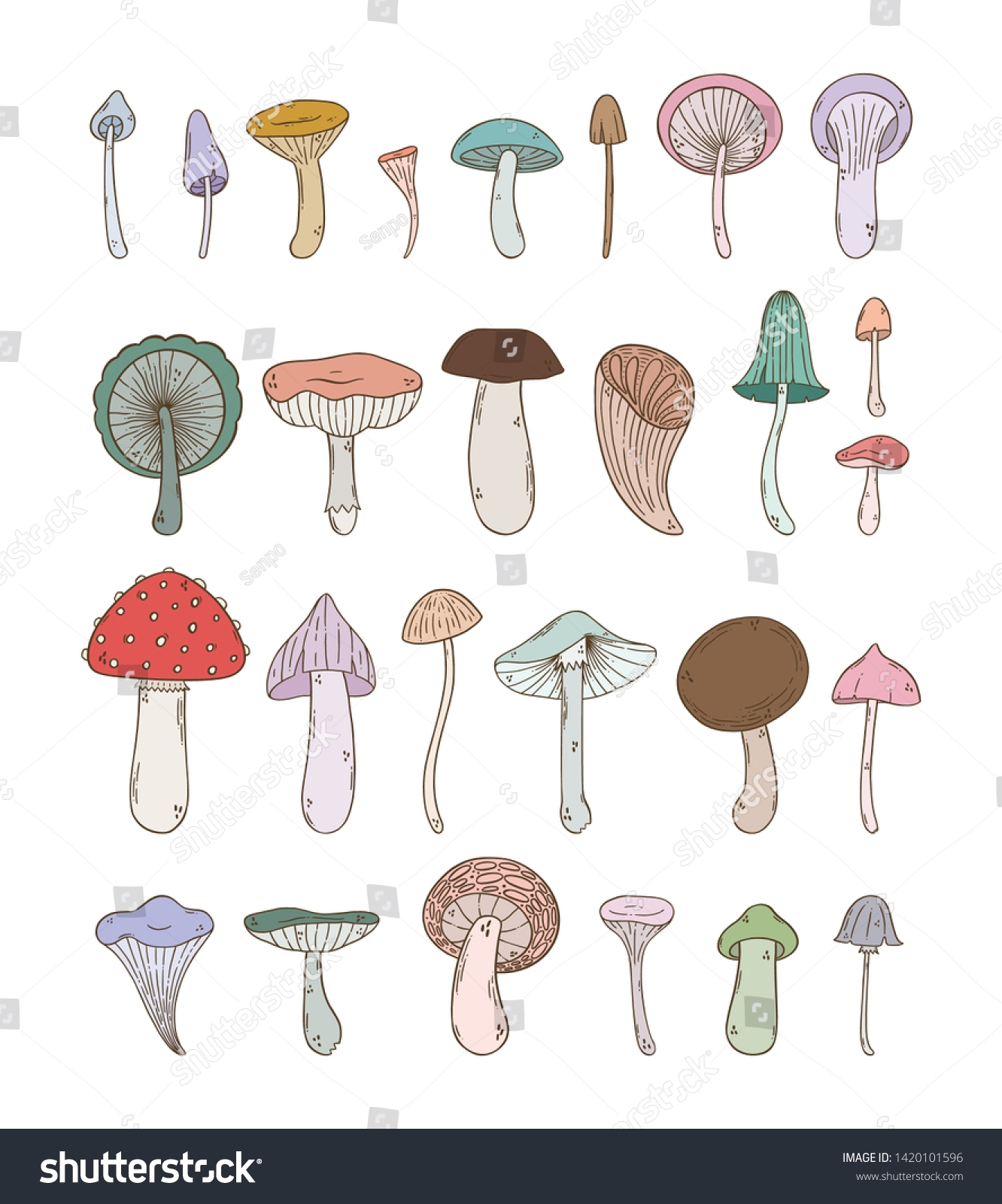 Pack Cute Mushroom Illustrations Lovely Doodle Stock Vector 