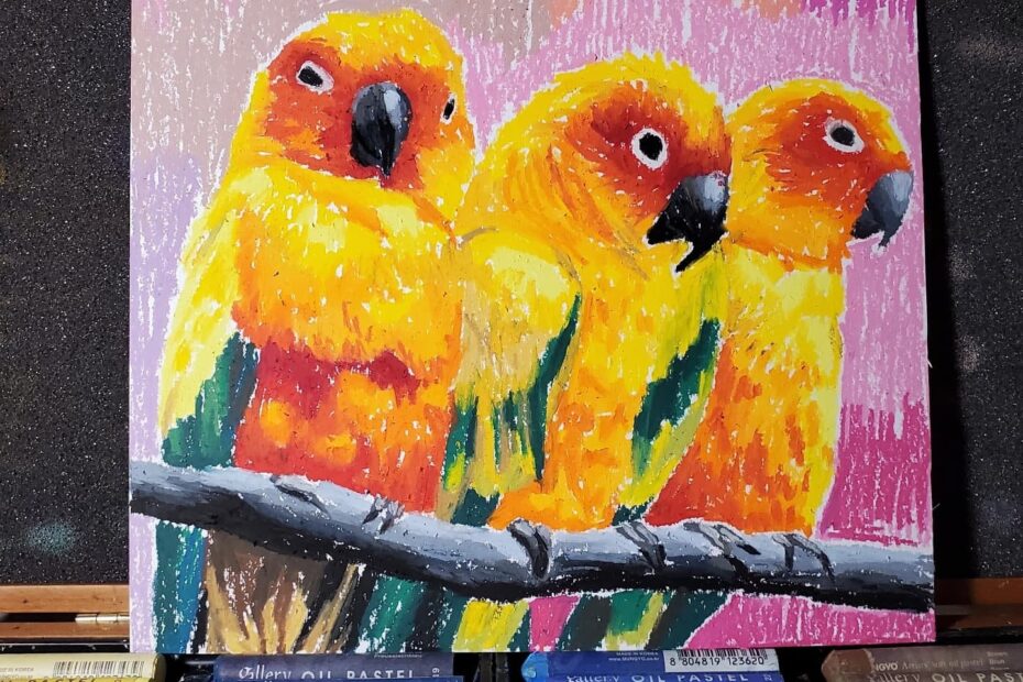 Parrots Oil Pastel Drawing On Paper Colorful Bird Animal Lover Gift Original Art Etsy