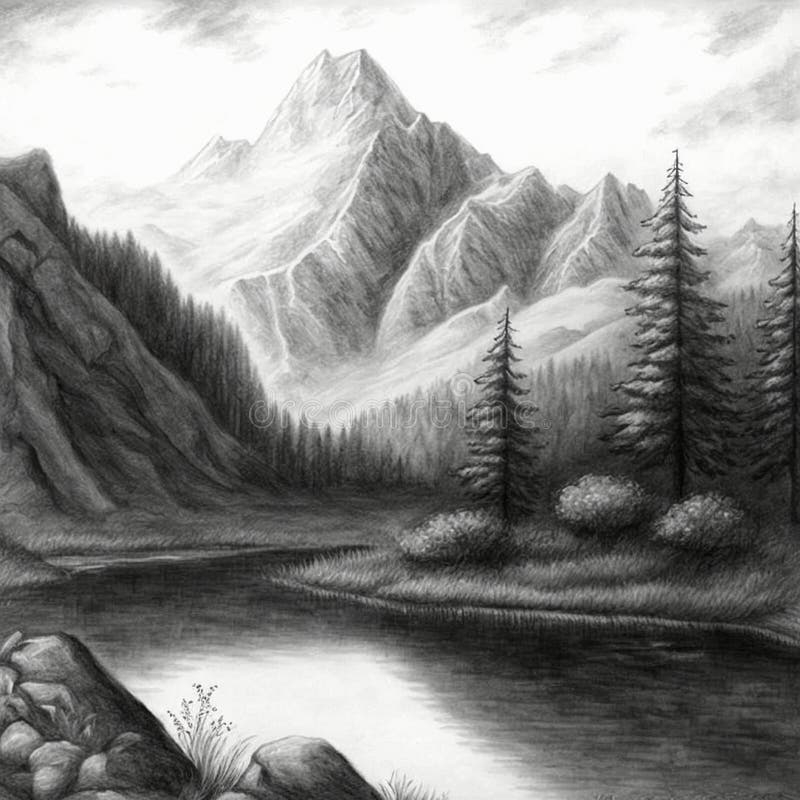 Pencil Sketch Lake And Mountains Stock Illustration Illustration 