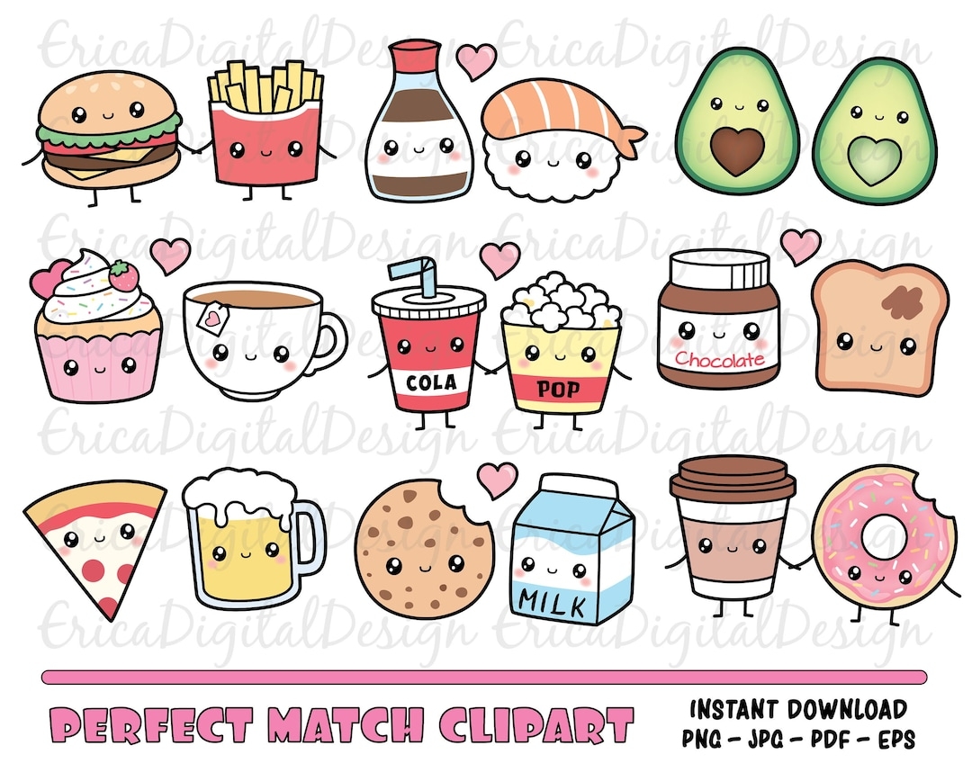Perfect Match Kawaii Clipart Set Cute Food Clip Art Friendship Best Friend Love Valentine Funny Vector Graphics Sweet Planner Printables Etsy UK