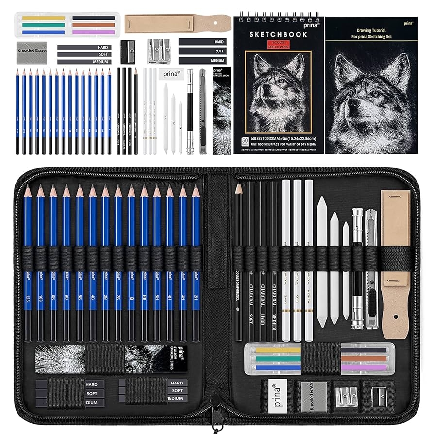 Prina 50 Pack Drawing Set Sketch Kit Sketching Supplies With 3 Color Sketchbook Graphite And Charcoal Pencils Pro Art Drawing Kit For Artists 