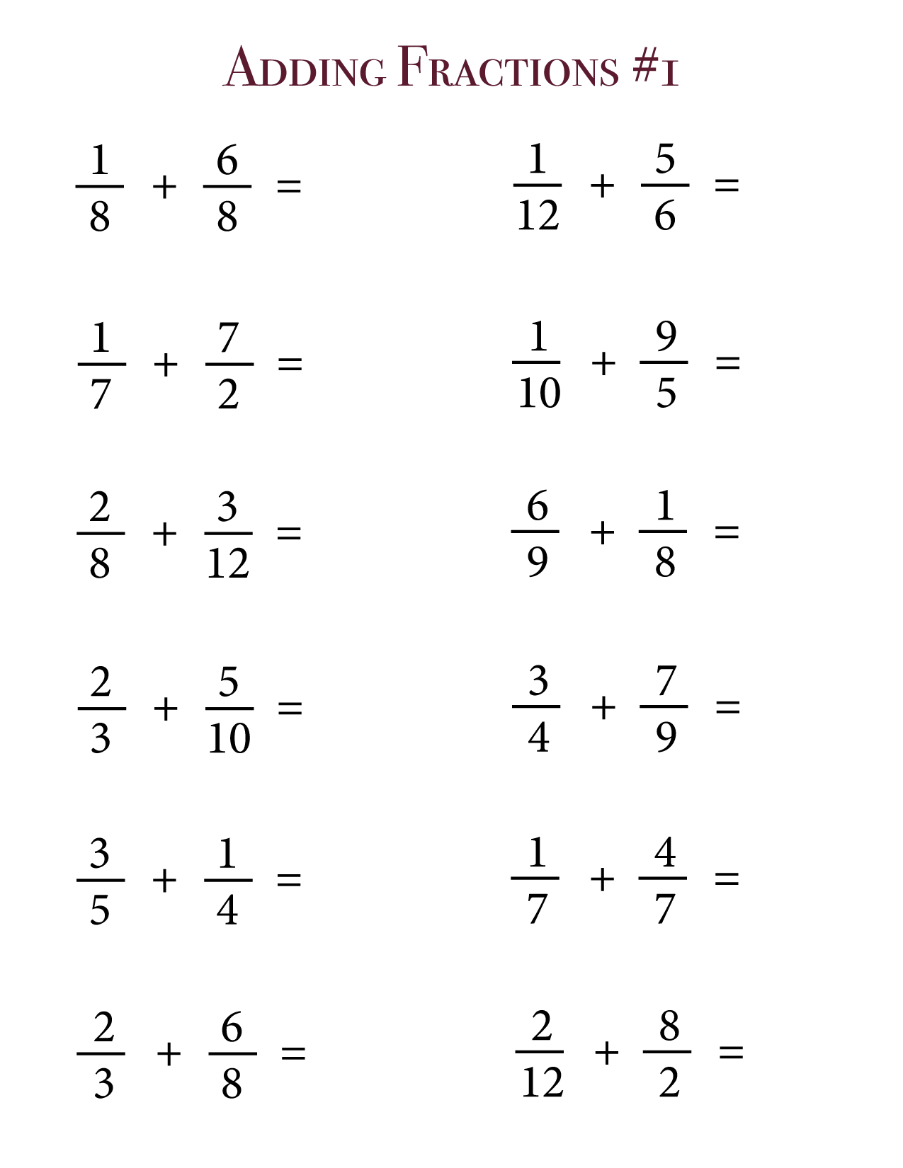 fraction addition subtraction worksheet