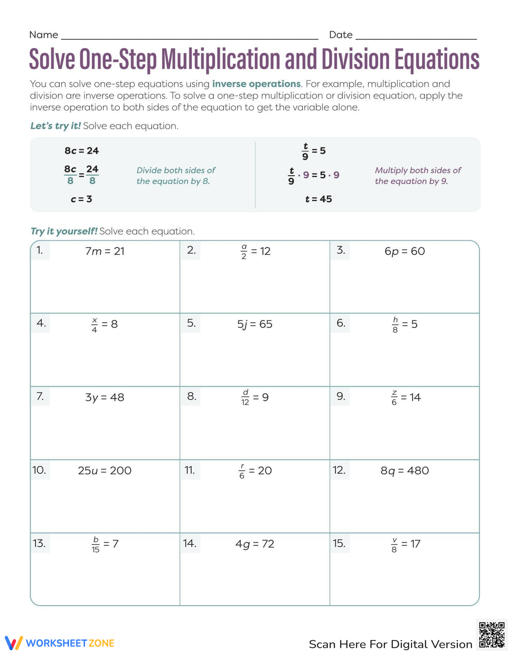 solving one-step equations addition and subtraction worksheet pdf