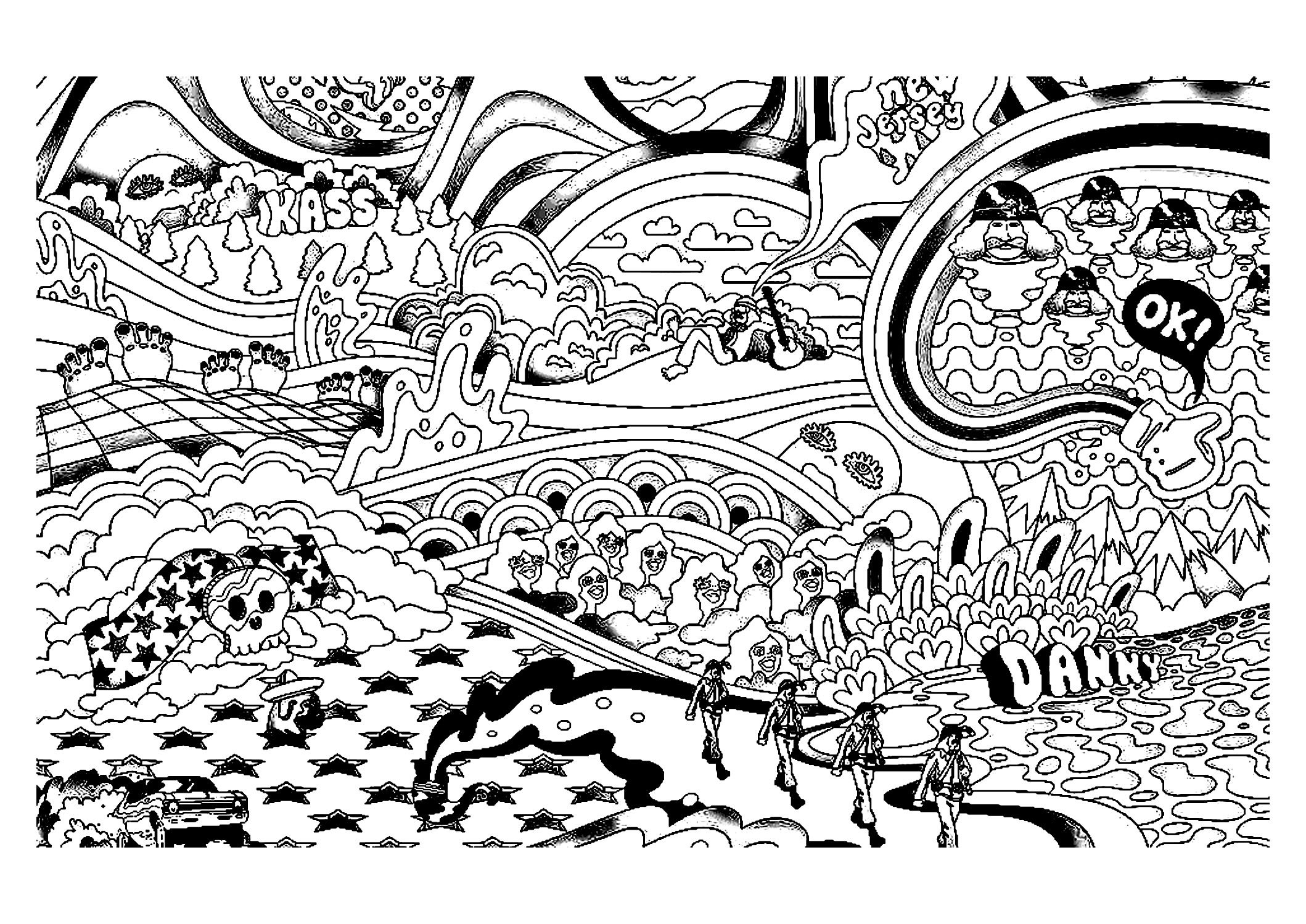 Psychedelic Landscape And Characters Psychedelic Coloring Pages