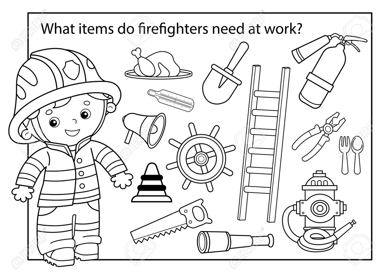 Puzzle Game For Kids Coloring Page Outline Of Cartoon Fireman Or Firefighter Profession Fire Extinguishing Tools Coloring Book For Kids Royalty Free SVG Cliparts Vectors And Stock Illustration Image 192567198 