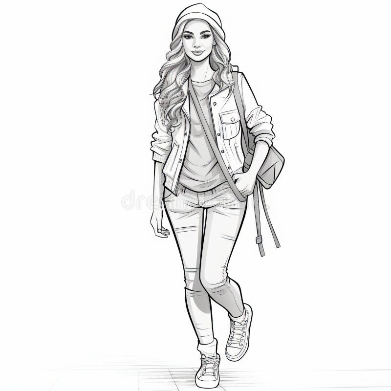 Realistic Drawing Of A Cute Girl In Jacket And Jeans Stock Illustration Illustration Of Style Trendy 288356033