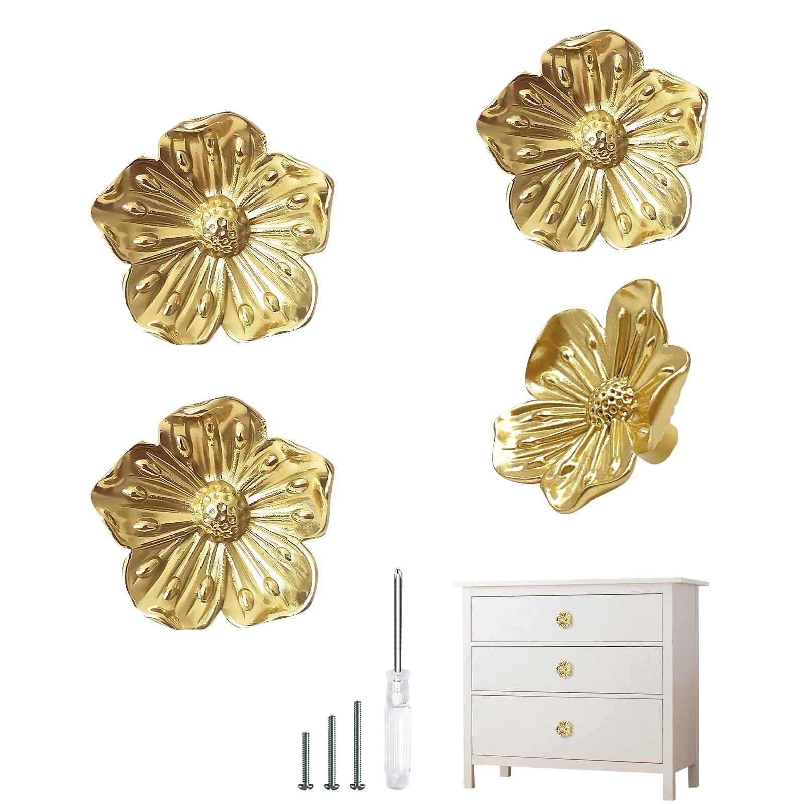 Redeam Gold Dresser Knobs Flower Knobs For Dresser Drawer Brass Floral Cabinet Knob Decorative Vintage Pulls And Knobs 4 Pack Kitchen Cupboard Bathroom Cabinet Hardware Handles Amazon