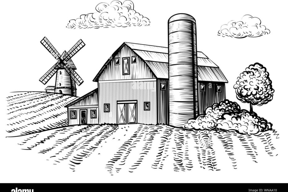 Rural Landscape Farm Barn And Windmill Sketch Hand Draw Illustration Of Countryside Natural Scenic Agricultural Farmhouse And Field Vector Monochrome Outline Image Stock Vector Image U0026 Art Alamy