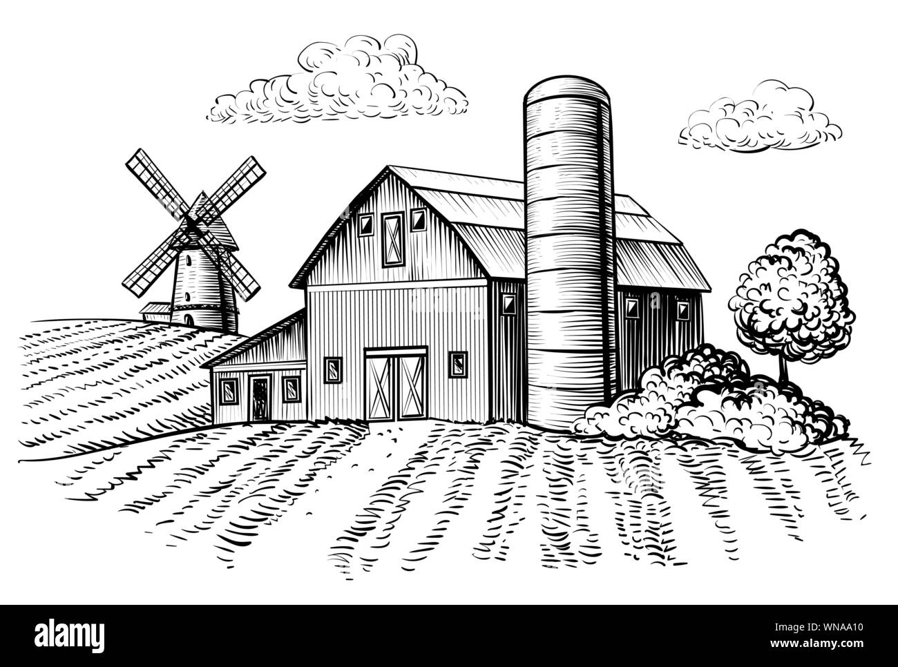 Rural Landscape Farm Barn And Windmill Sketch Hand Draw Illustration Of Countryside Natural Scenic Agricultural Farmhouse And Field Vector Monochrome Outline Image Stock Vector Image U0026 Art Alamy