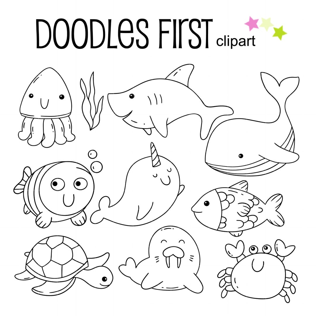 Sea Creatures Outline Drawing Sea Animals Outline Doodle Clip Art For Scrapbooking Card Making Cupcake Toppers Paper Crafts SVG Cuts Etsy