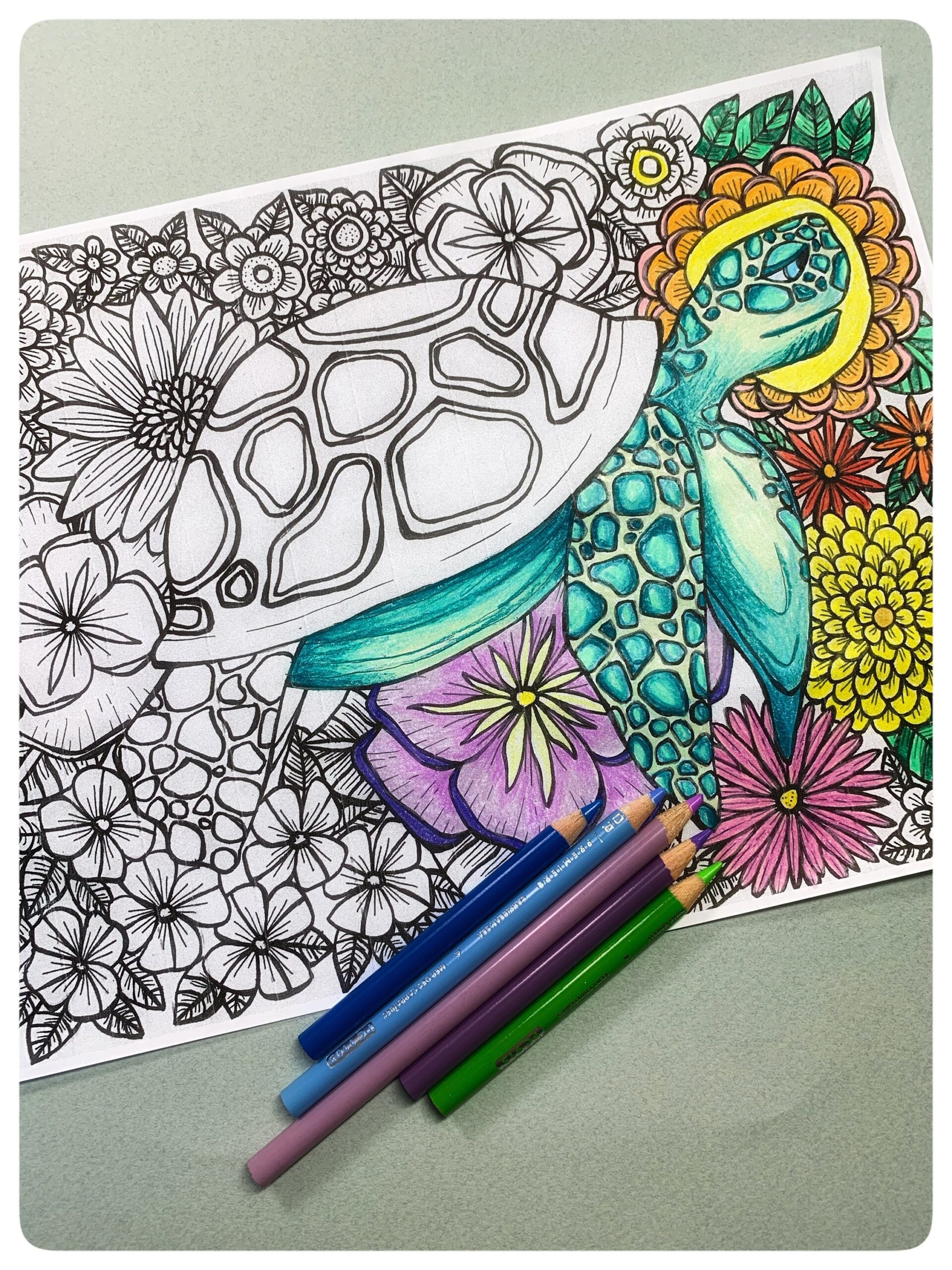 Sea Turtle Printable Coloring Page Floral Design Coloring Digital Download Adult Coloring Ocean Life Coloring Page Hand Drawn Coloring Etsy