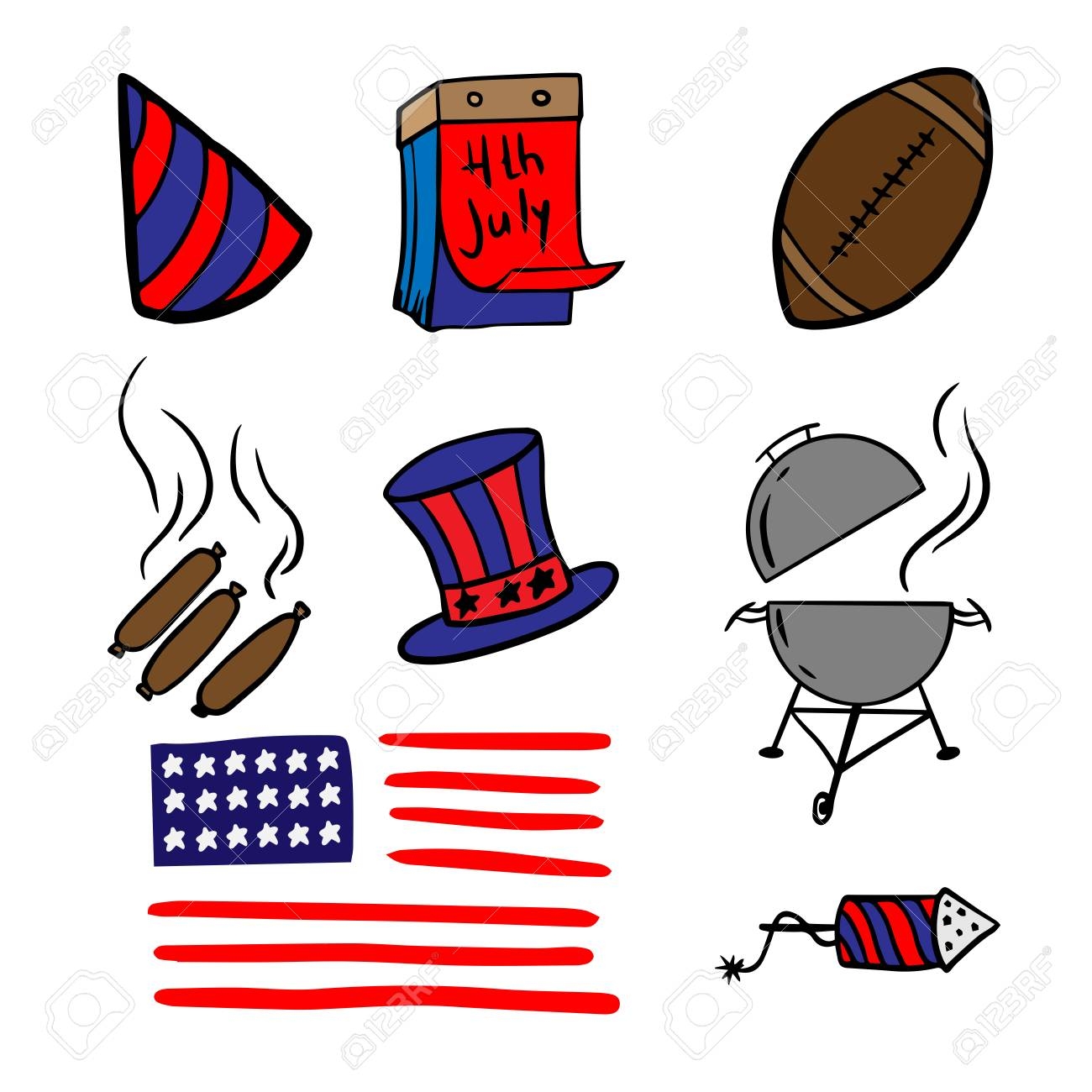 Set Doodle Sketch America Independence Day Cartoon Drawings For 