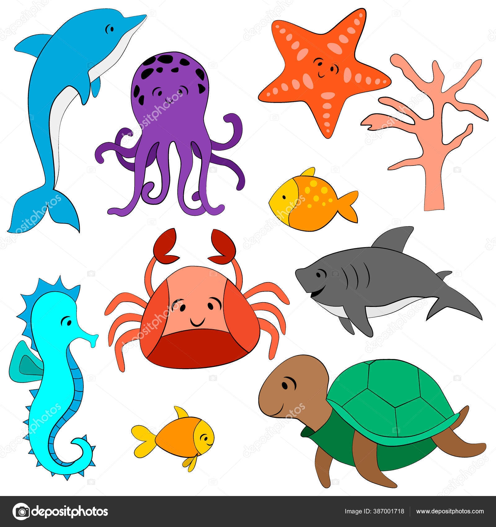 Set Patterns Sea Animals Cartoon Style Drawing Vector Illustration Isolate Stock Vector By HalynaMoroshan 387001718