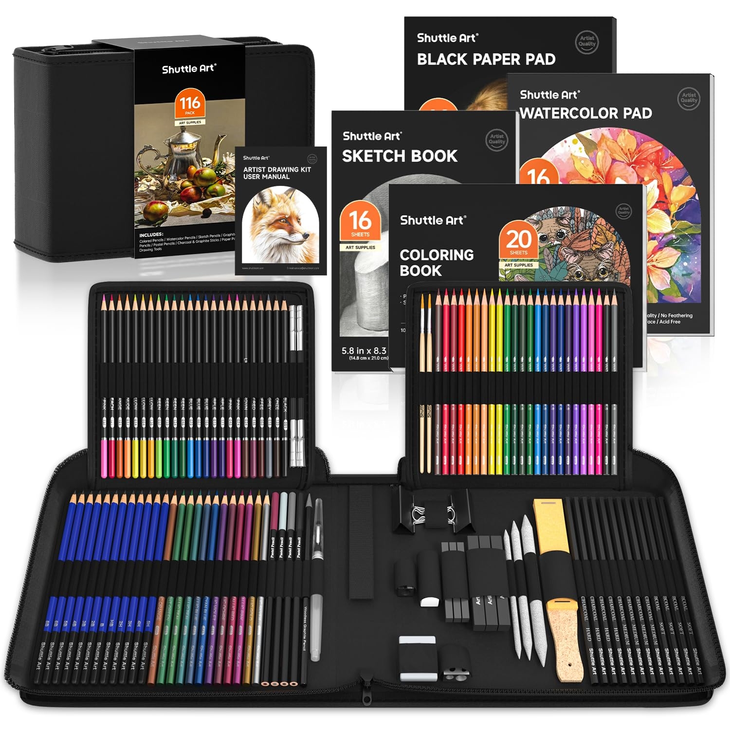 Shuttle Art 116 Pcs Drawing Kit Complete Drawing Supplies With Sketch Pencils Colored Pencils Graphite Charcoal Sticks Professional Drawing