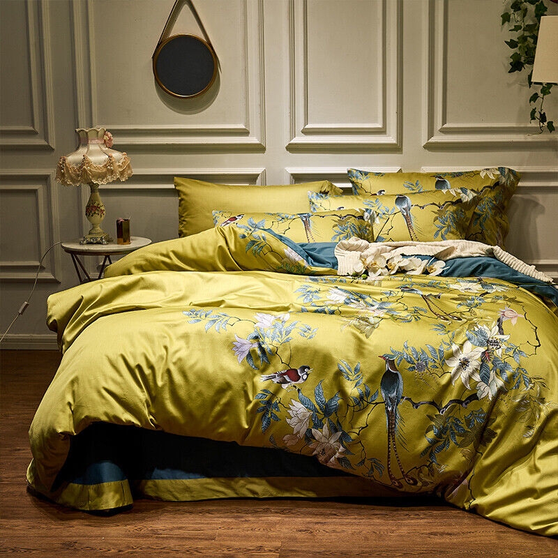 Silky Egyptian Cotton Yellow Green Duvet Cover Bed Sheet Bedding Set Queen King