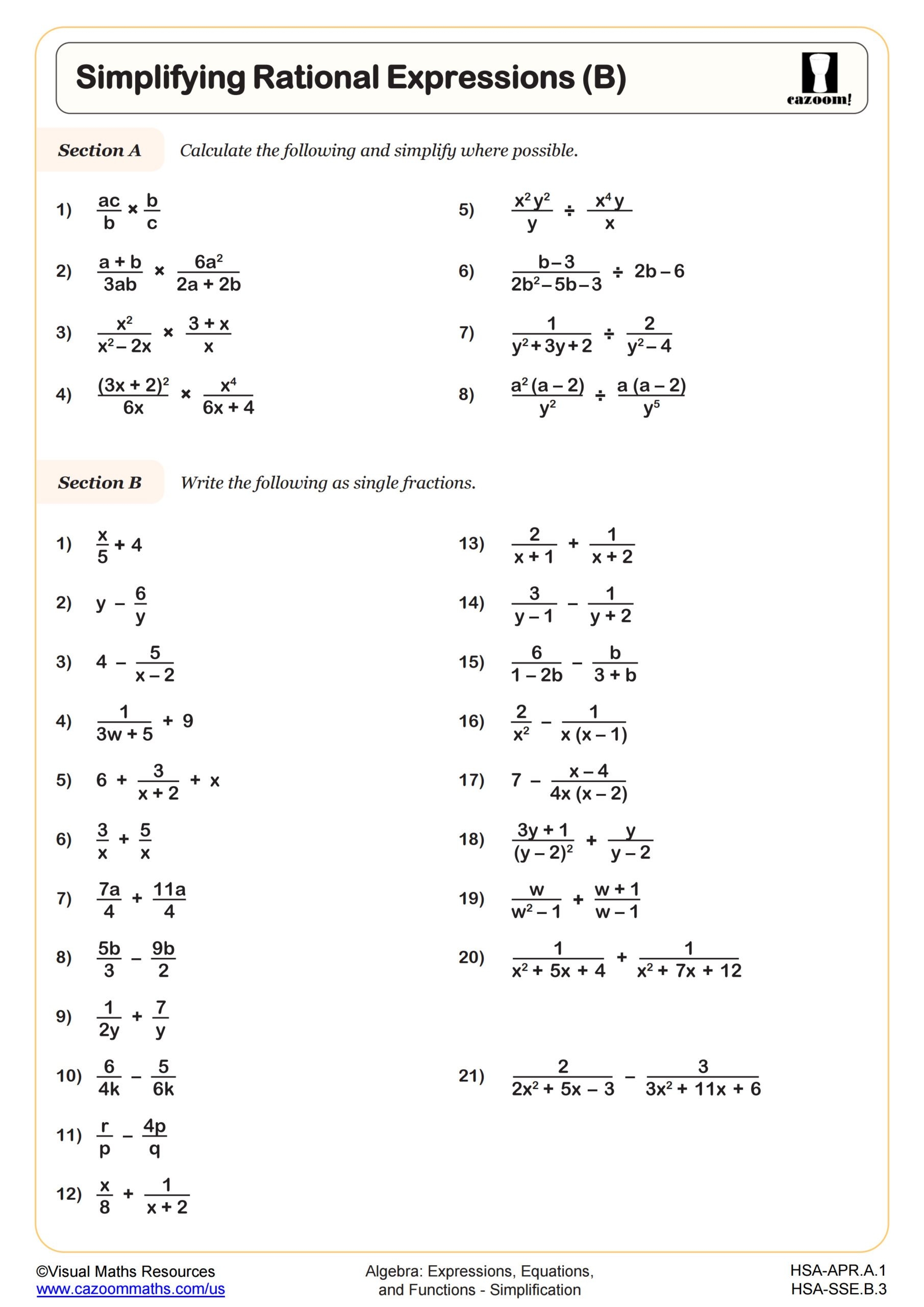 Simplifying Rational Expressions B Worksheet PDF Printable 