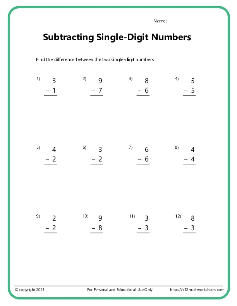 Single Digit Subtraction Worksheets K12 Math Worksheets
