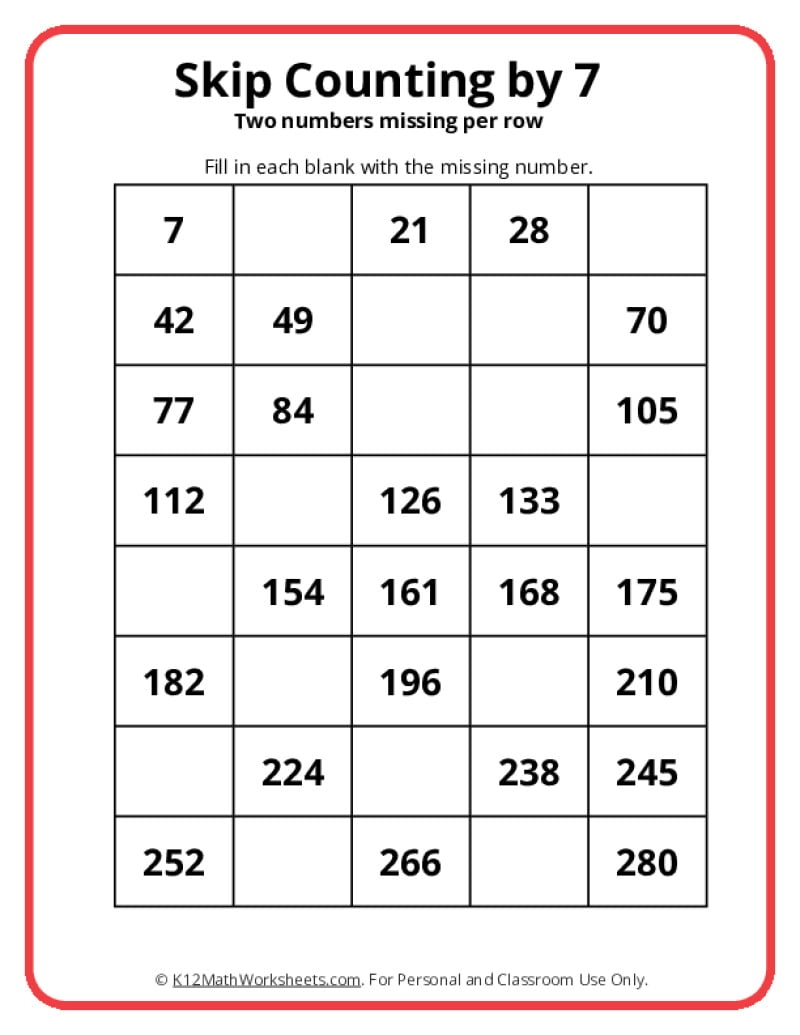 Skip Counting By 7 Worksheets
