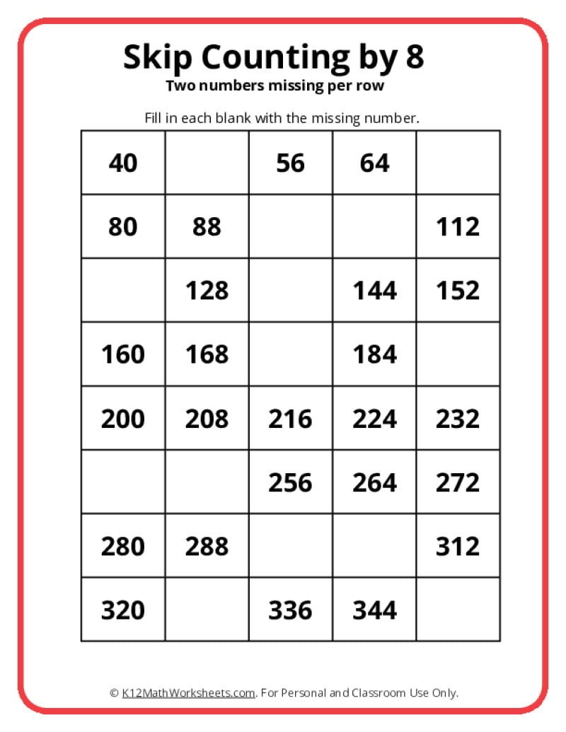 Skip Counting By 8 Worksheets