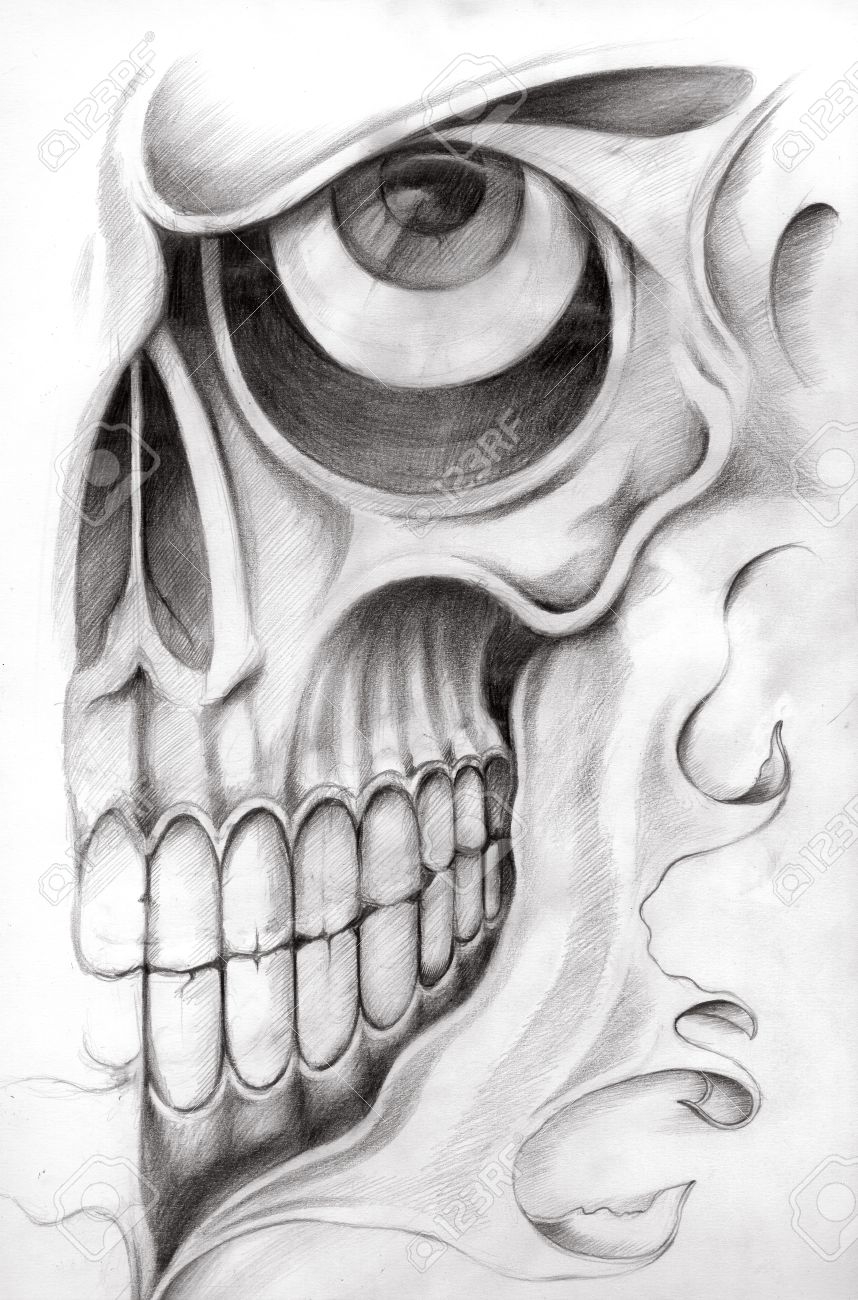 Skull Tattoo Hand Drawing On Paper Stock Photo Picture And 