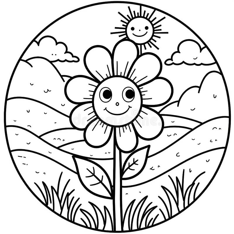 Smiling Flower And Sun Coloring Page Stock Illustration Illustration Of Background Drawing 345705599