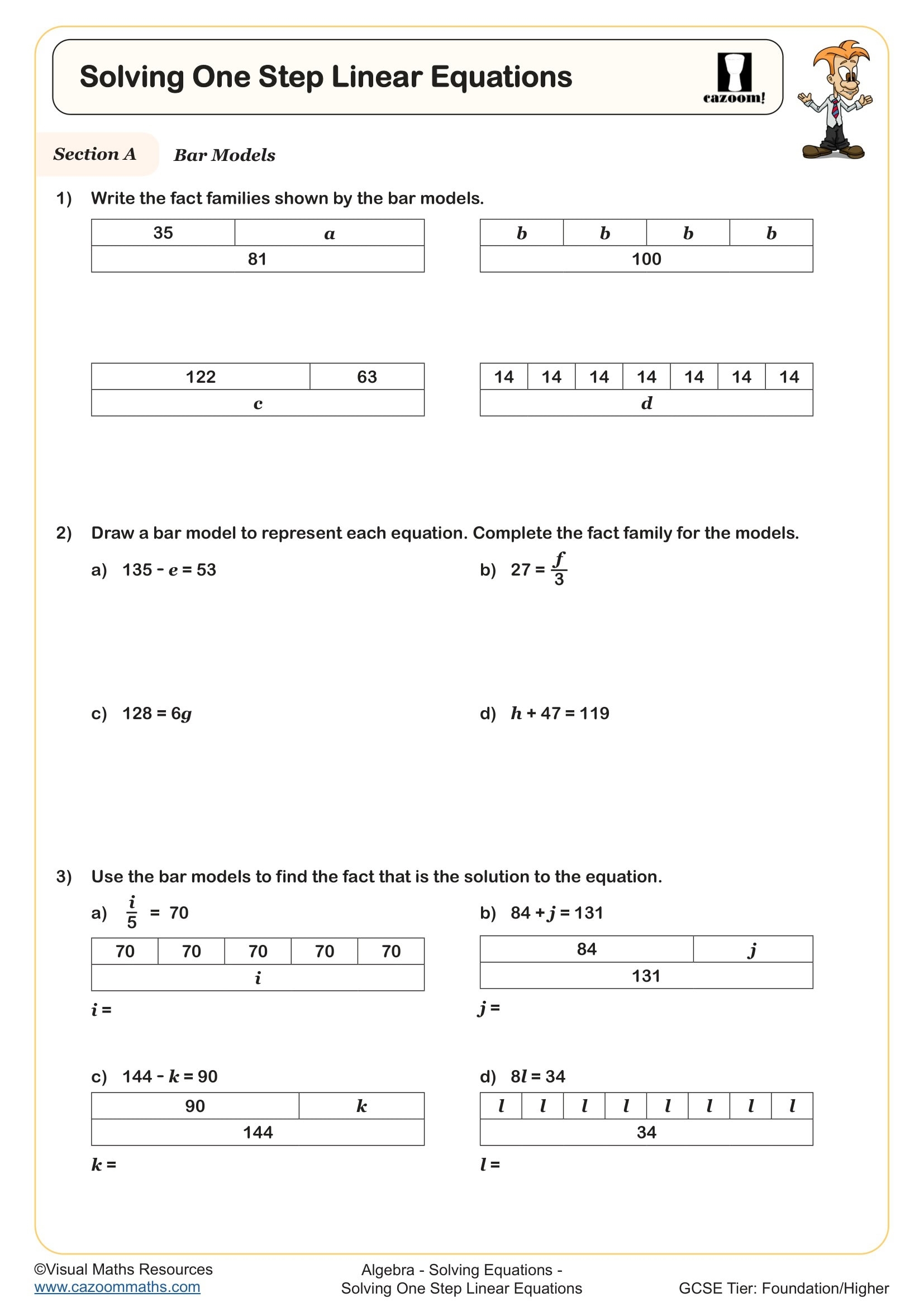 Solving One Step Linear Equations Worksheet Printable PDF Year 7 