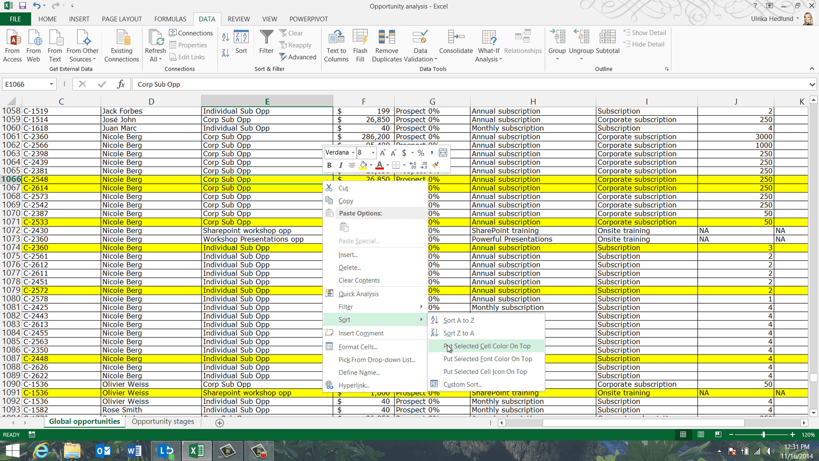 sort spreadsheet by color