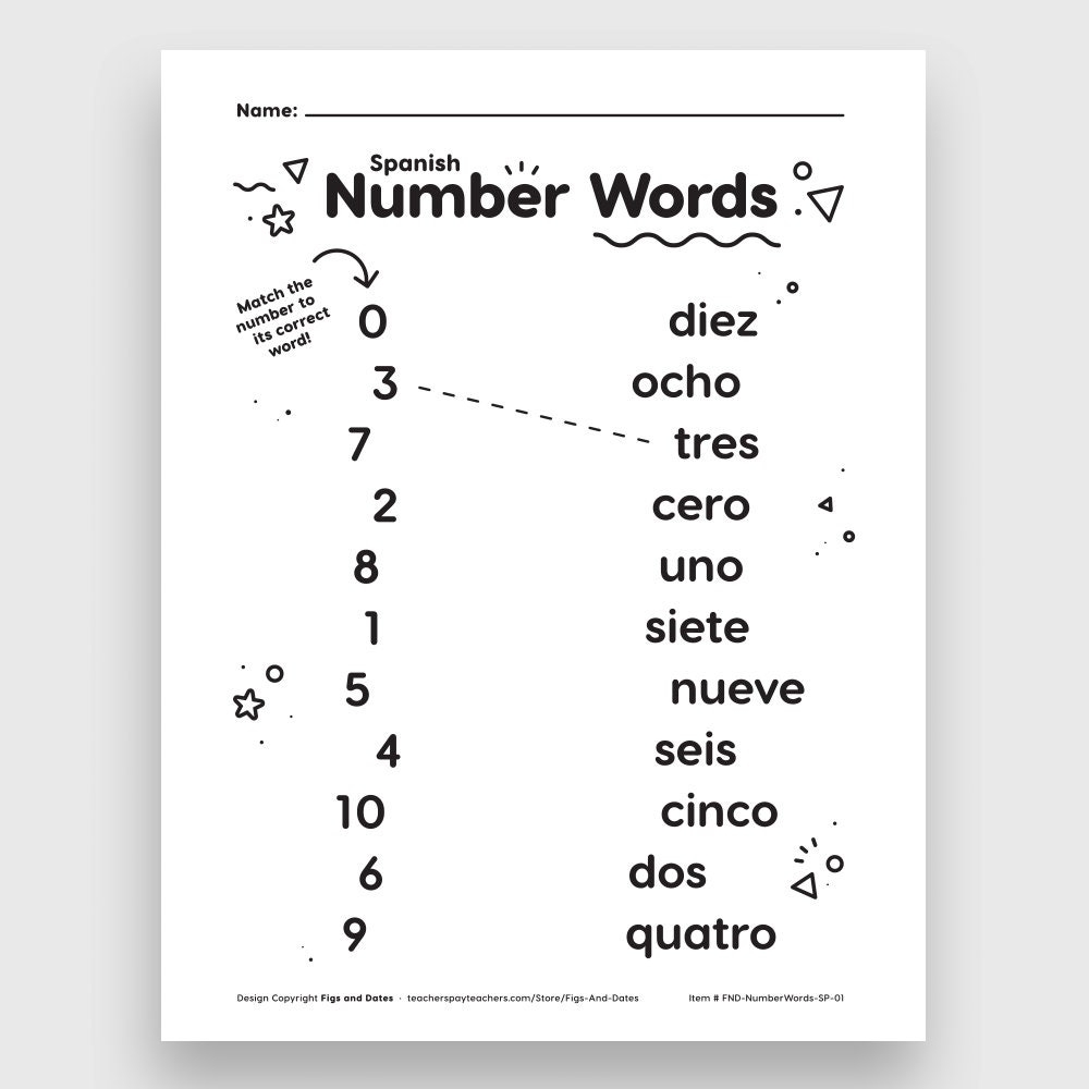 Spanish Number Words Matching Printable Worksheet Grades Prek 