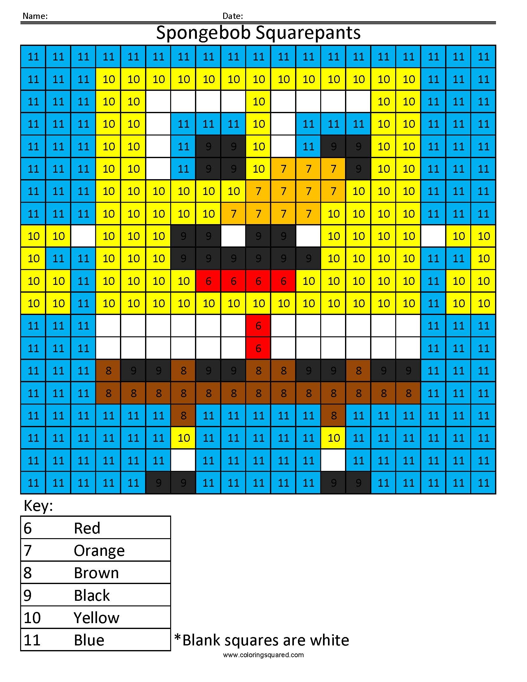 Spongebob Squarepants Color By Number Coloring Squared