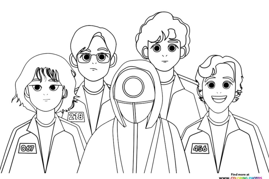 Squid Game Players With Guard Coloring Pages For Kids
