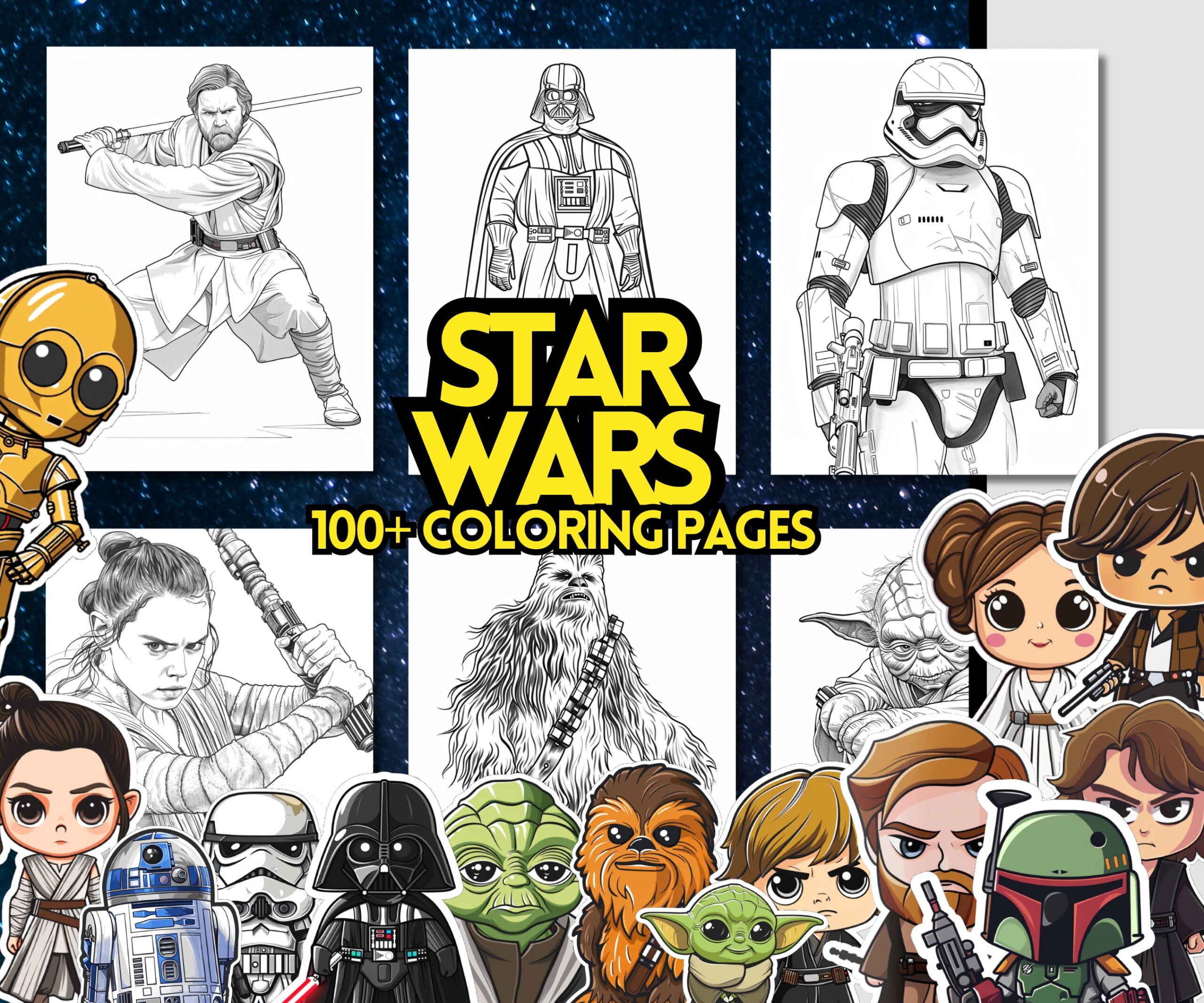 Star Wars Coloring Pages 100 Coloring Sheets Star Wars Characters Kids And Adults Coloring Pages Darth Vader Anakin Skywalker And More Etsy