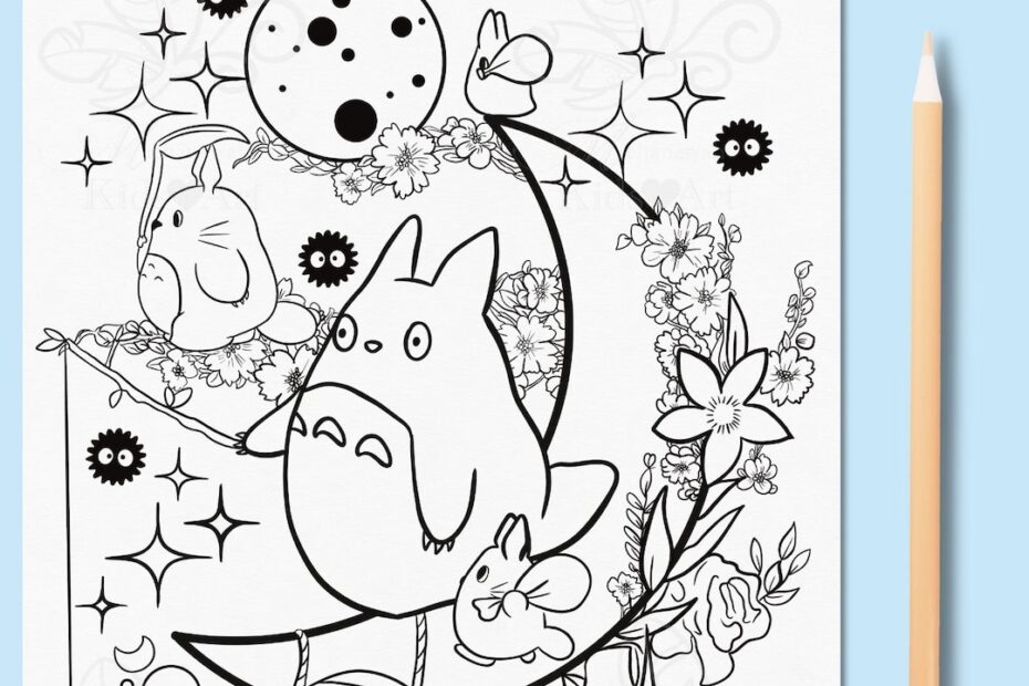 Studio Ghibli Coloring Sheet My Friendly Neighbour Totoro Midnight Sky Printable Floral Art Kids U0026 Adult Coloring Page Japanese Anime Etsy