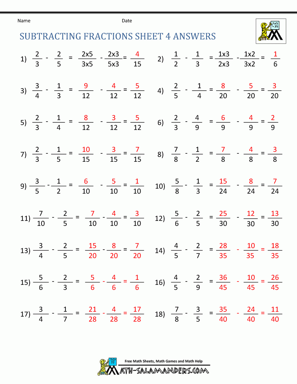 Subtracting Fractions Worksheets