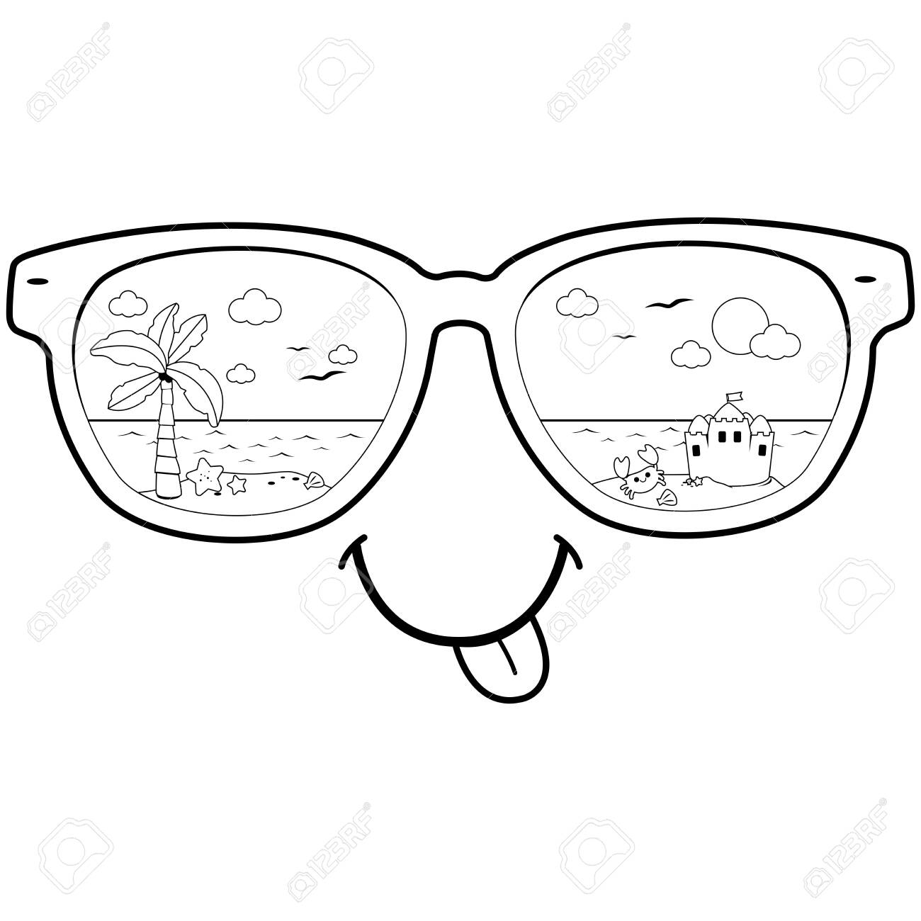 Summer Beach Scene Reflected In Sunglasses Vector Black And White Coloring Page Royalty Free SVG Cliparts Vectors And Stock Illustration Image 144917032 