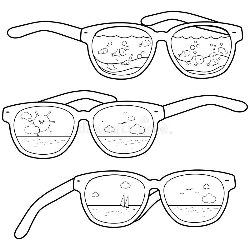 Summer Island Beach In Sunglasses Tropical Vacations In The Sea And Sun Vector Black And White Coloring Page Stock Vector Illustration Of Eyeglasses Tree 179117755