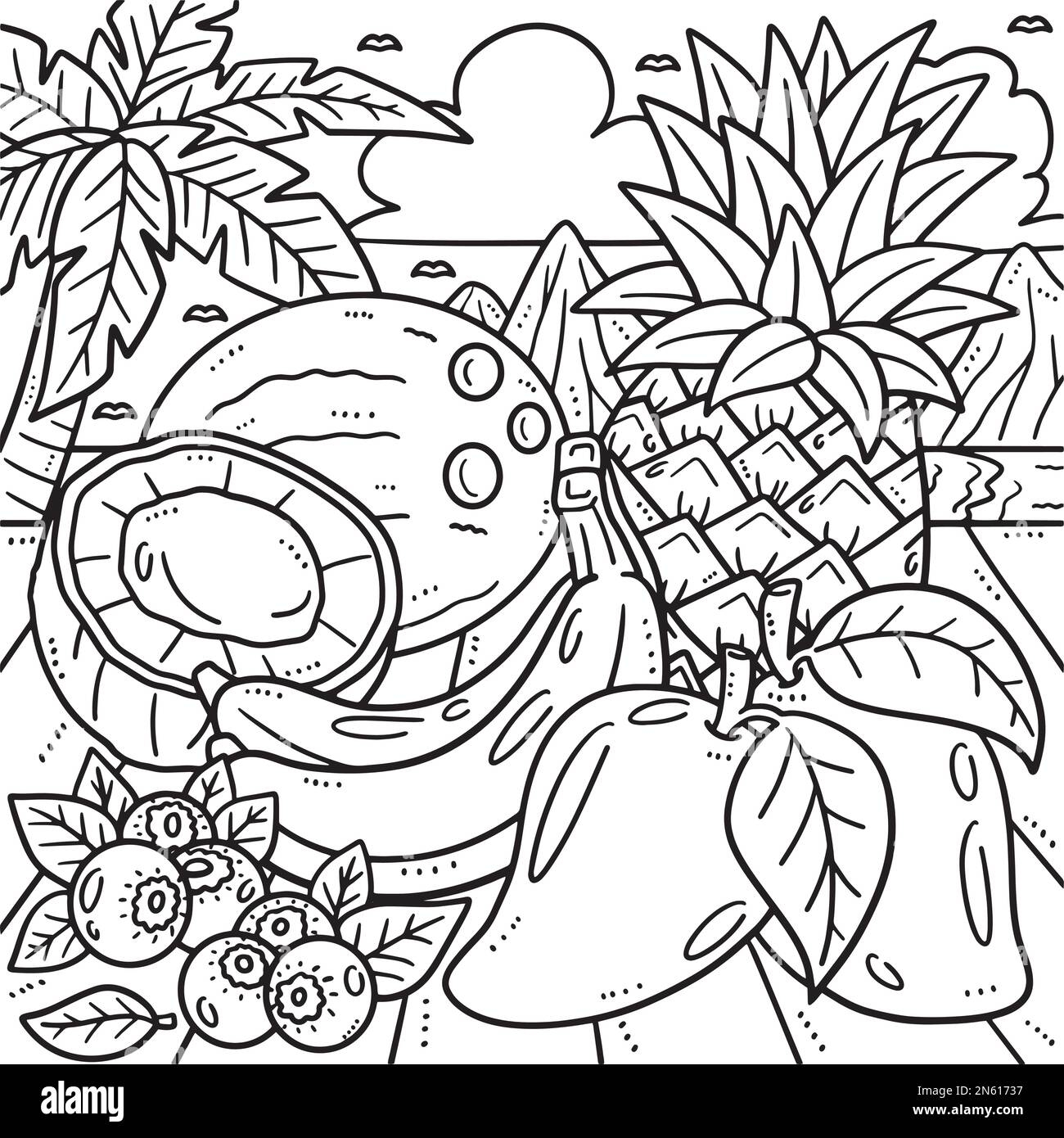 Summer Tropical Fruits Coloring Page For Kids Stock Vector Image 
