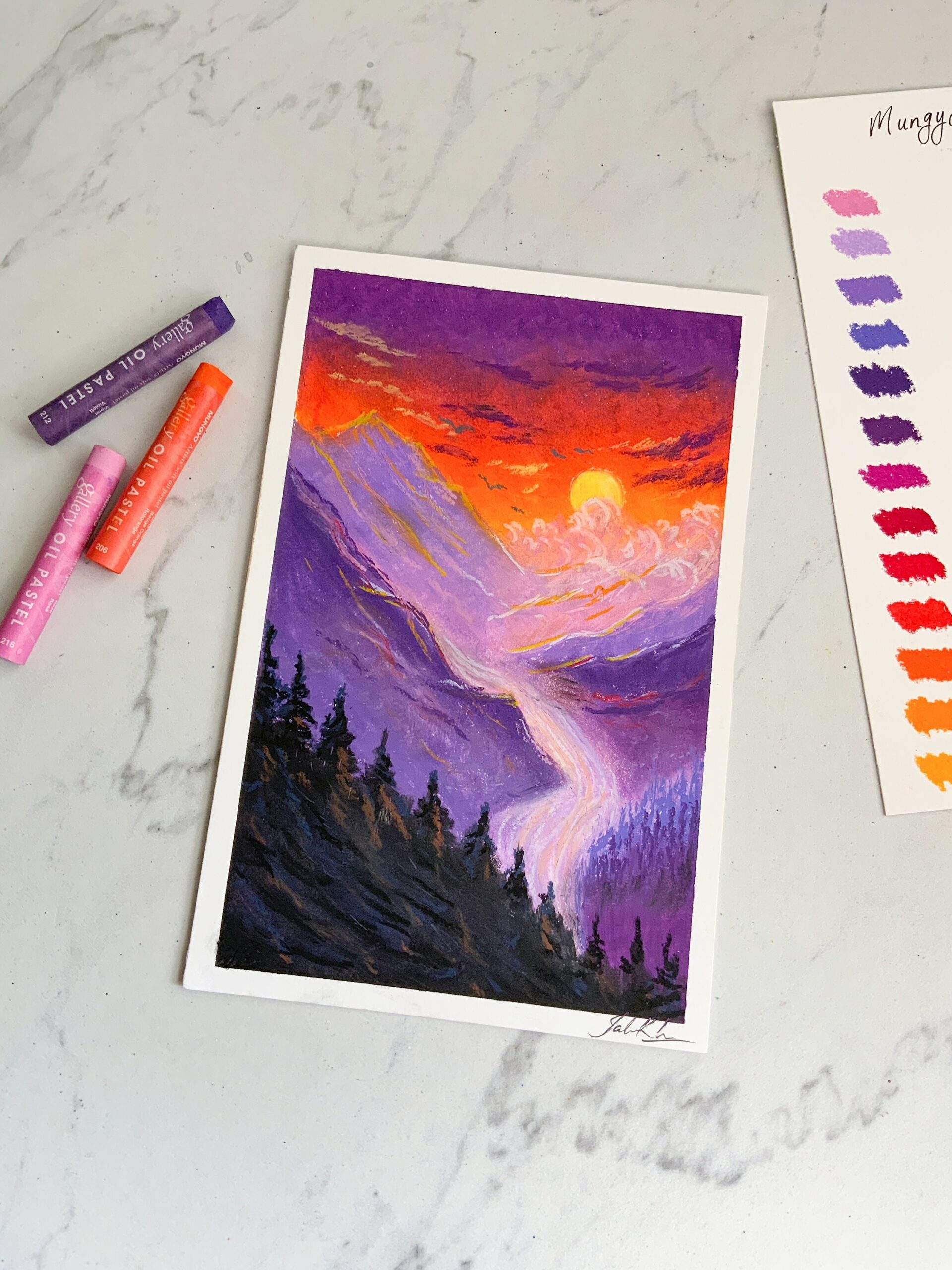 Sunset Over The Mountains Oil Pastel Painting Original Artwork Etsy