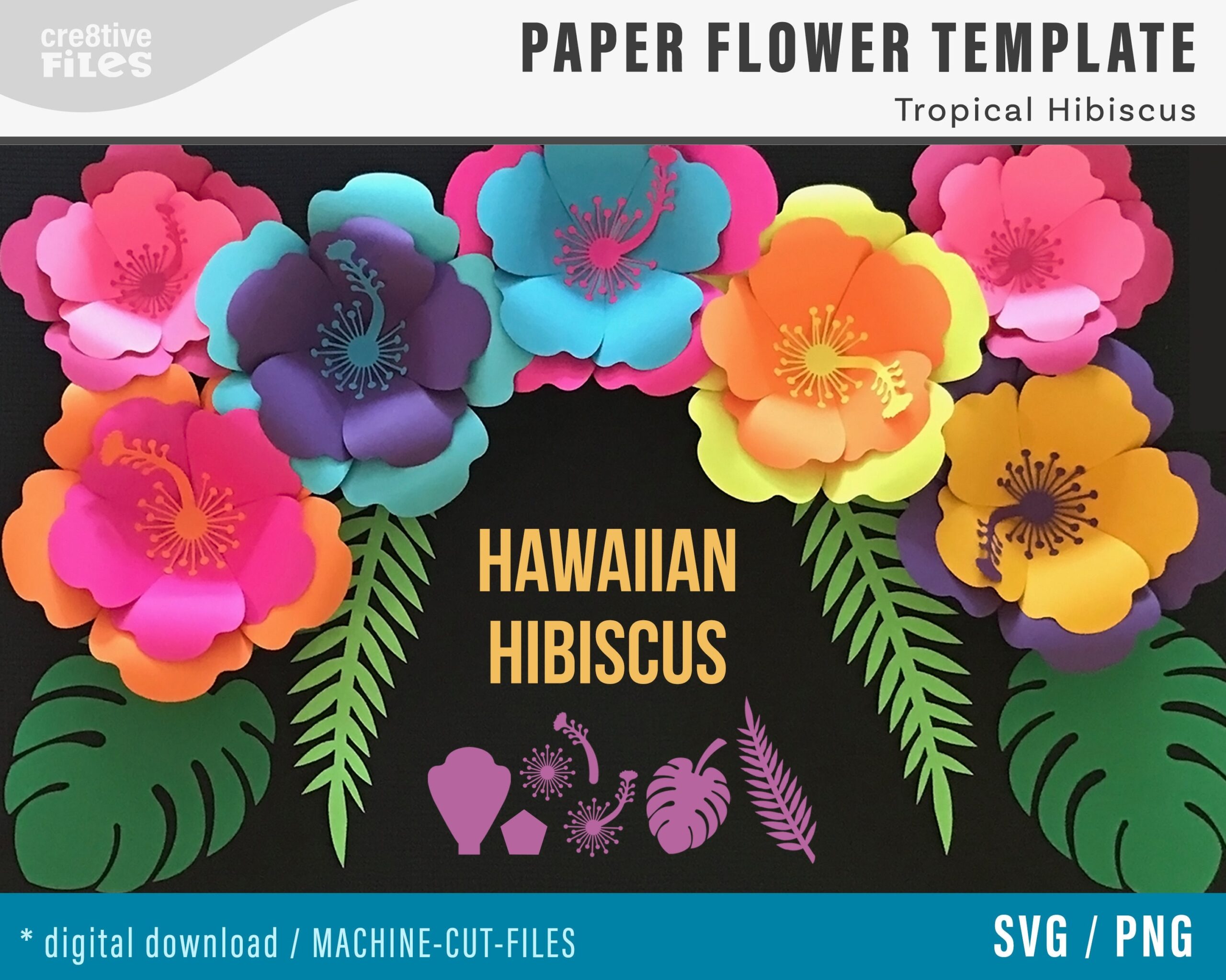 Svg Paper Flower Hibiscus Template TROPICAL SET Hawaiian Flower 3 Centers 2 Tropical Leaves Base DIY Tropical Flowers Cricut Luau Decor Etsy Australia