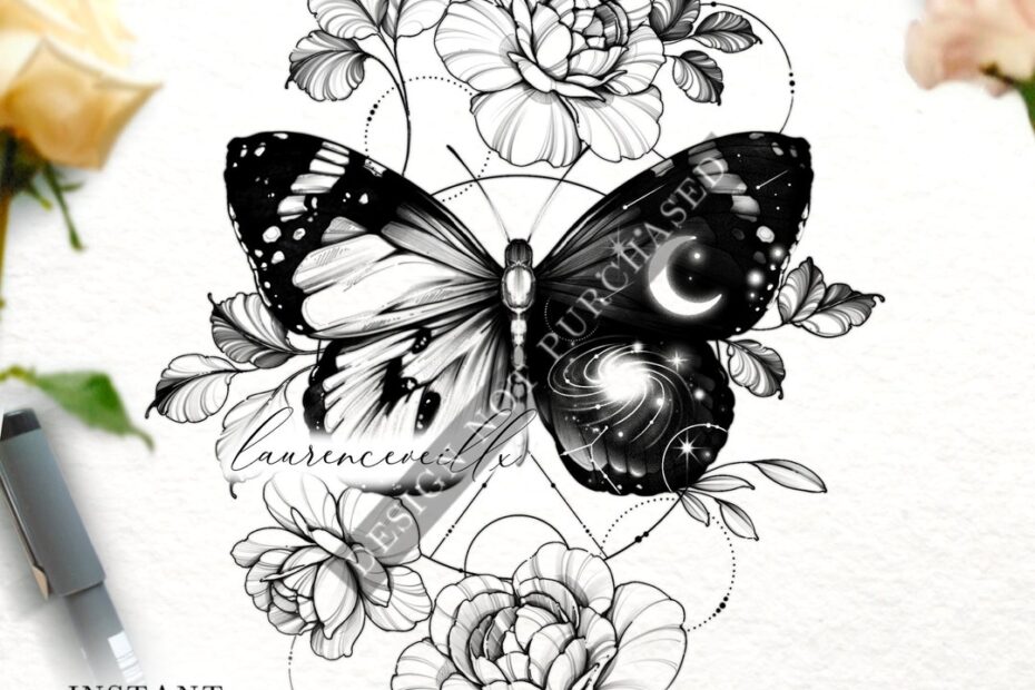 Tattoo Design For Women Tattoo Drawing Stencil Outline Ready To Download Galaxy Butterfly Peony Geometric Celestial Tattoo Ideas Etsy