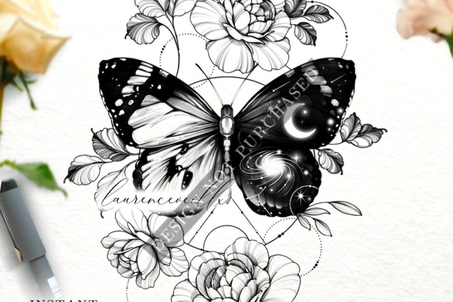 Tattoo Design For Women Tattoo Drawing Stencil Outline Ready To Download Galaxy Butterfly Peony Geometric Celestial Tattoo Ideas Etsy