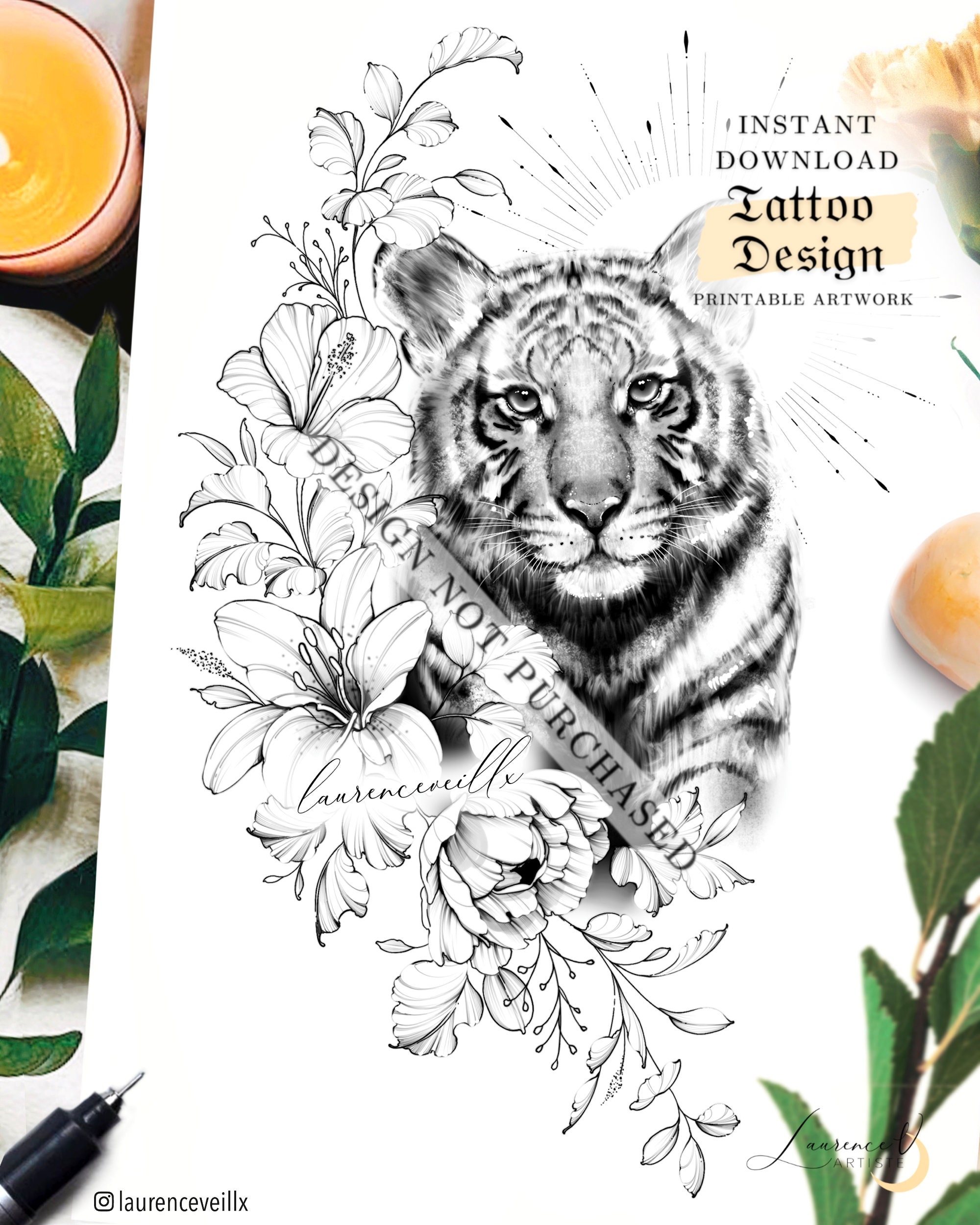 Tattoo Design For Women Tattoo Drawing Stencil Outline Ready To Download Tiger Animal Hibiscus Peony Lily Flower Tattoo Ideas Etsy
