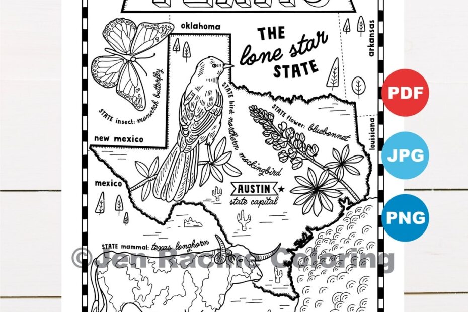 Texas Coloring Page United States State Map Wildlife State Symbols Flowers Coloring Pages Etsy