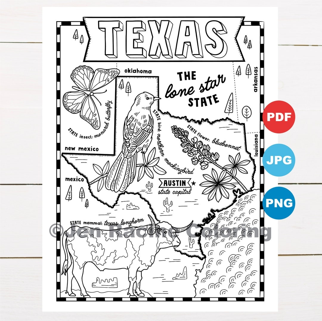 Texas Coloring Page United States State Map Wildlife State Symbols Flowers Coloring Pages Etsy
